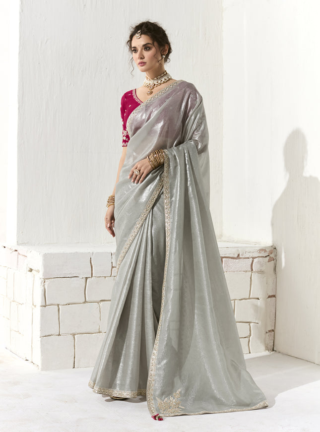 Wonderful Silver Tissue Embroidered Designer Wedding Saree