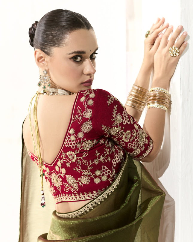 Gorgeous Mehendi Green Tissue Embroidered Designer Wedding Saree