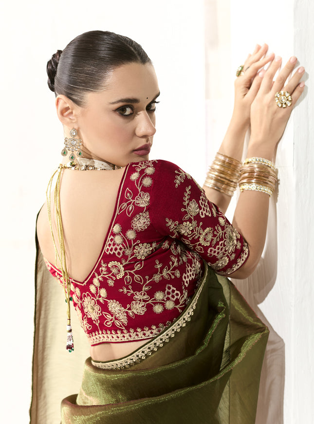 Gorgeous Mehendi Green Tissue Embroidered Designer Wedding Saree