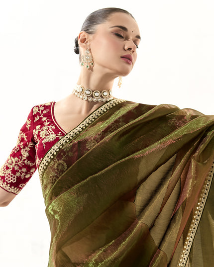 Gorgeous Mehendi Green Tissue Embroidered Designer Wedding Saree