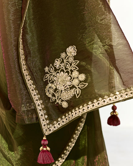 Gorgeous Mehendi Green Tissue Embroidered Designer Wedding Saree