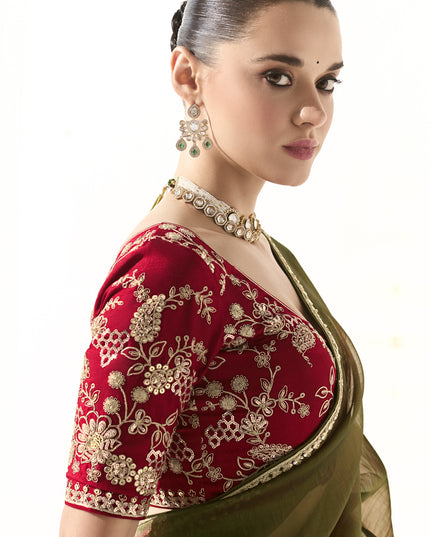 Gorgeous Mehendi Green Tissue Embroidered Designer Wedding Saree