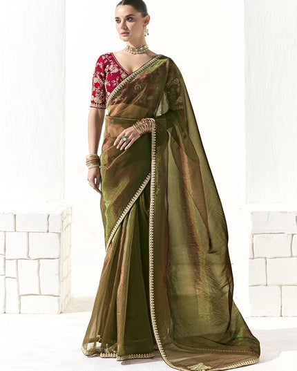 Gorgeous Mehendi Green Tissue Embroidered Designer Wedding Saree