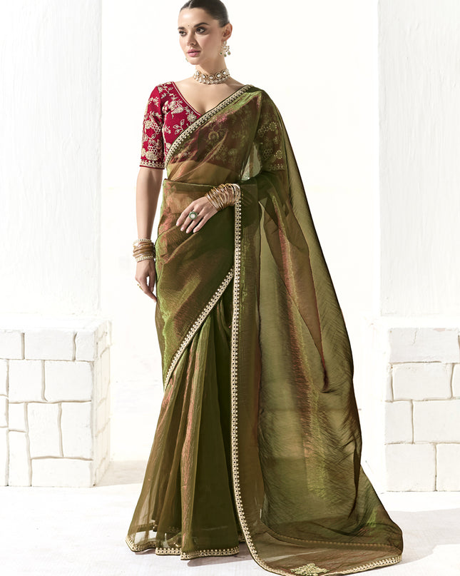 Gorgeous Mehendi Green Tissue Embroidered Designer Wedding Saree