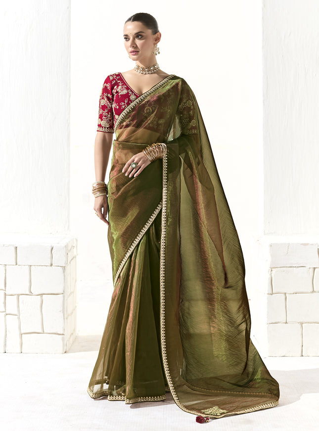 Gorgeous Mehendi Green Tissue Embroidered Designer Wedding Saree