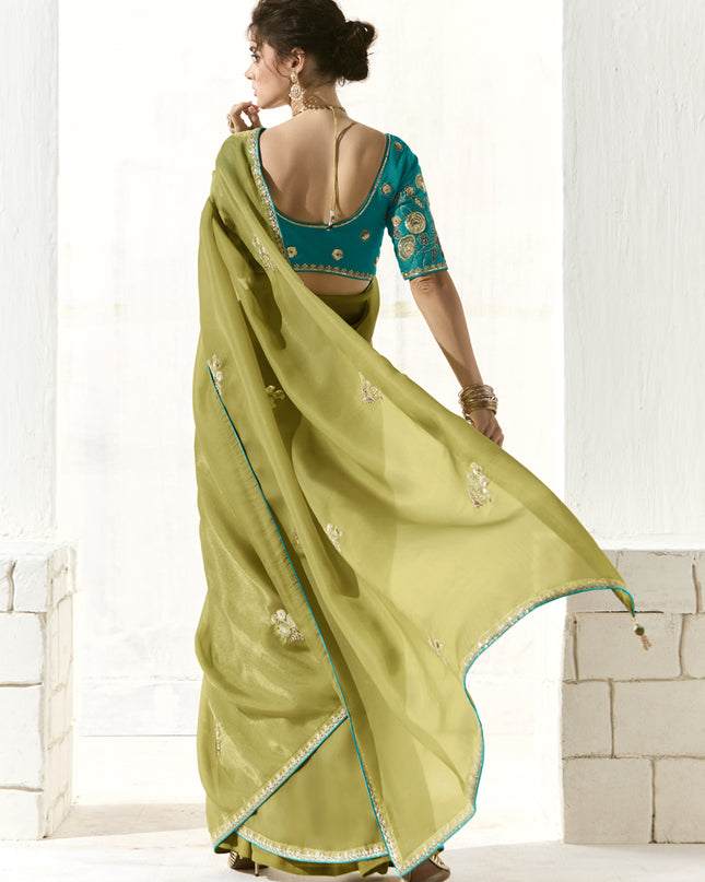 Unique Pistachio Green Tissue Embroidered Designer Wedding Saree