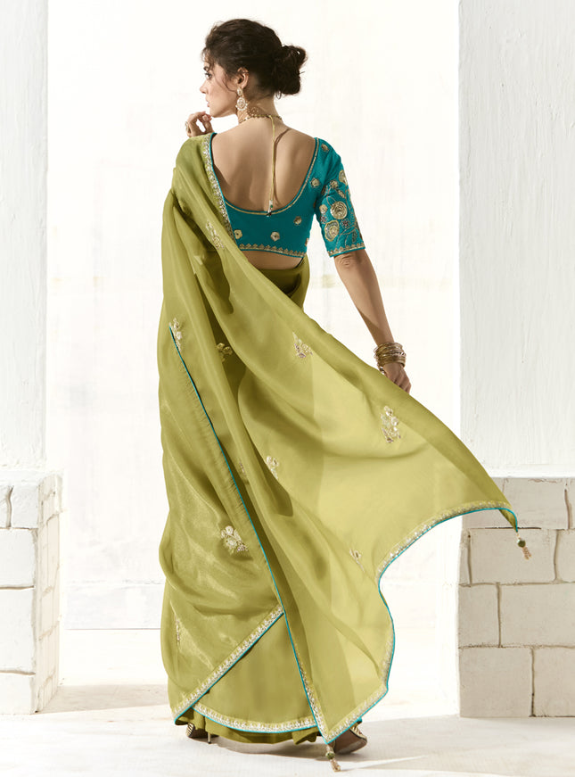 Unique Pistachio Green Tissue Embroidered Designer Wedding Saree