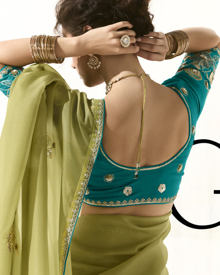 Unique Pistachio Green Tissue Embroidered Designer Wedding Saree