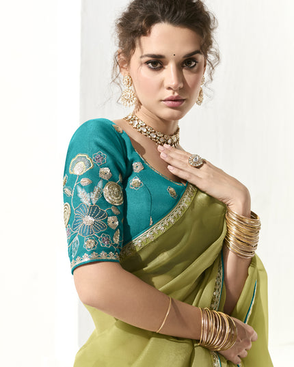 Unique Pistachio Green Tissue Embroidered Designer Wedding Saree