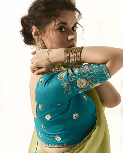 Unique Pistachio Green Tissue Embroidered Designer Wedding Saree