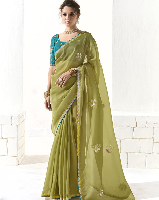 Unique Pistachio Green Tissue Embroidered Designer Wedding Saree