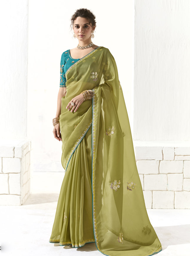 Unique Pistachio Green Tissue Embroidered Designer Wedding Saree