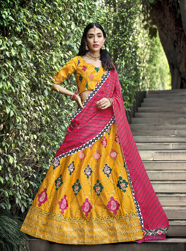 Delightful Golden Yellow Silk Embroidered Designer Lehenga Choli