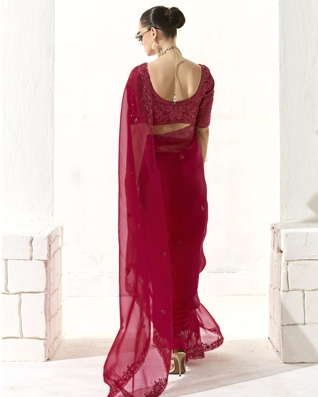 Incredible Cherry Red Tissue Embroidered Designer Wedding Saree