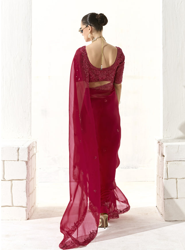 Incredible Cherry Red Tissue Embroidered Designer Wedding Saree