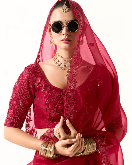 Incredible Cherry Red Tissue Embroidered Designer Wedding Saree