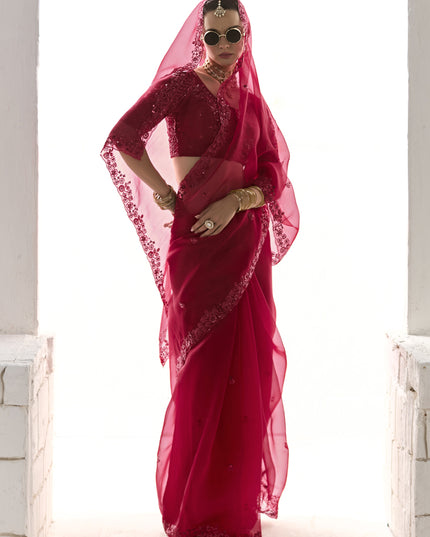 Incredible Cherry Red Tissue Embroidered Designer Wedding Saree