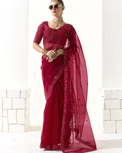 Incredible Cherry Red Tissue Embroidered Designer Wedding Saree