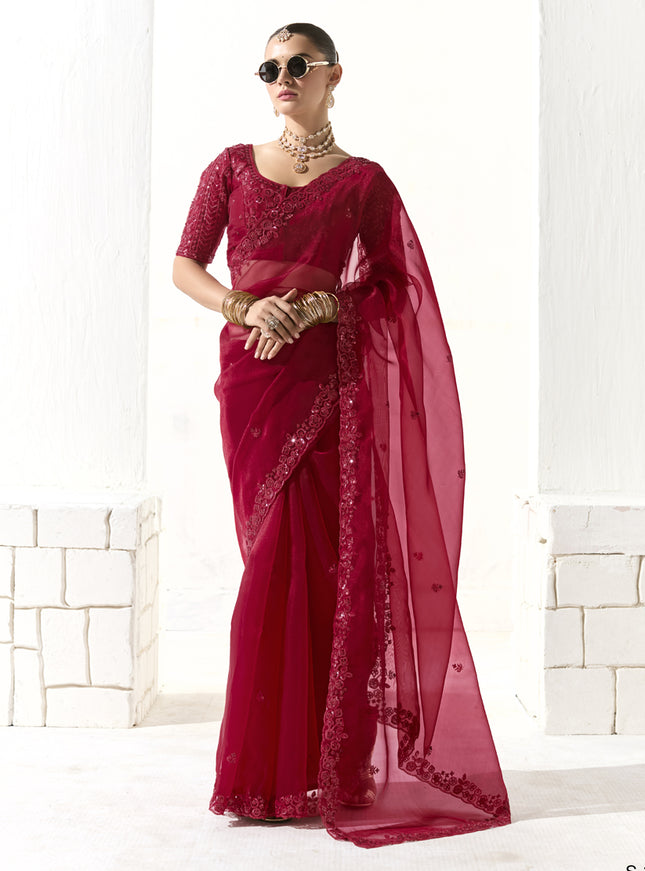 Incredible Cherry Red Tissue Embroidered Designer Wedding Saree
