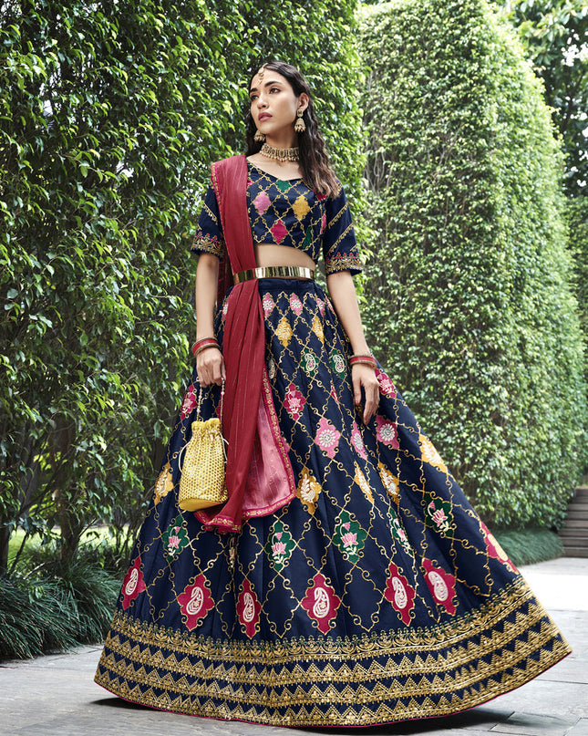 Incredible Navy Blue Silk Embroidered Designer Lehenga Choli