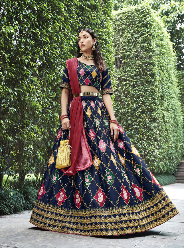 Incredible Navy Blue Silk Embroidered Designer Lehenga Choli