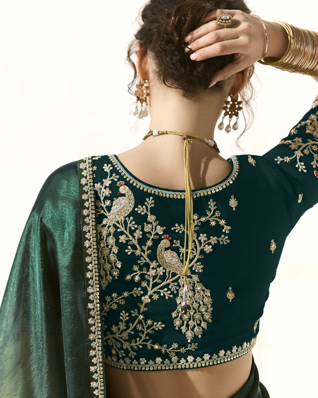 Spectacular Pine Green and Mehendi Green Tissue Embroidered Designer Wedding Saree