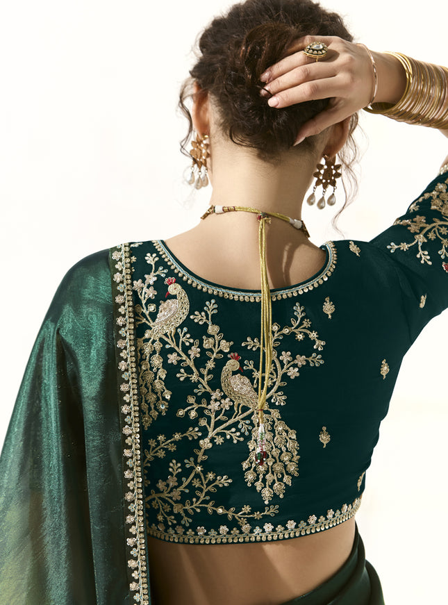 Spectacular Pine Green and Mehendi Green Tissue Embroidered Designer Wedding Saree