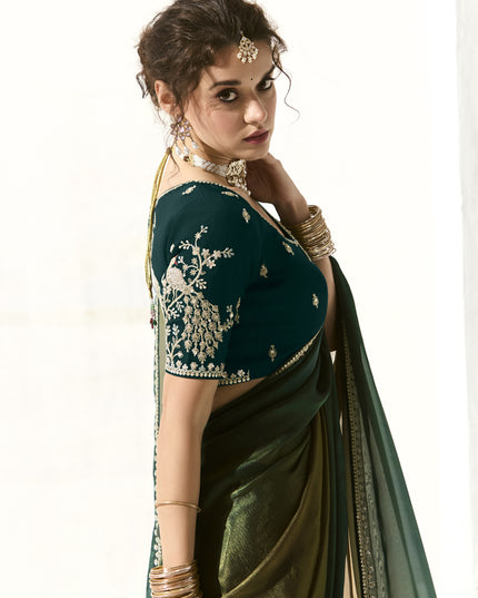 Spectacular Pine Green and Mehendi Green Tissue Embroidered Designer Wedding Saree