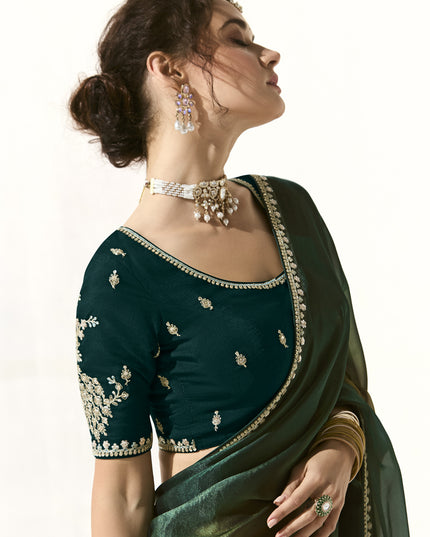 Spectacular Pine Green and Mehendi Green Tissue Embroidered Designer Wedding Saree