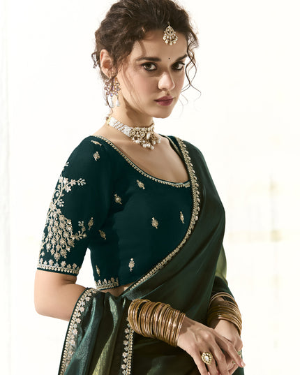 Spectacular Pine Green and Mehendi Green Tissue Embroidered Designer Wedding Saree