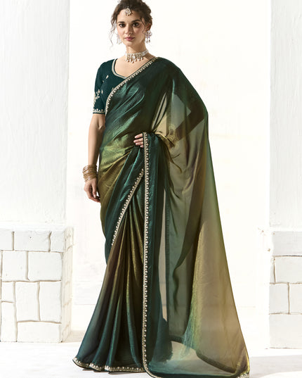 Spectacular Pine Green and Mehendi Green Tissue Embroidered Designer Wedding Saree