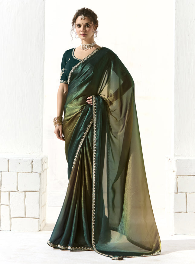 Spectacular Pine Green and Mehendi Green Tissue Embroidered Designer Wedding Saree