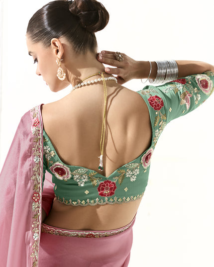 Delightful Carnation Pink Tissue Embroidered Designer Wedding Saree