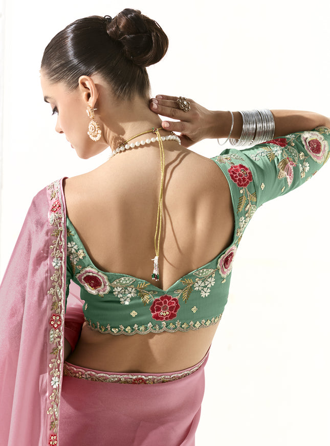 Delightful Carnation Pink Tissue Embroidered Designer Wedding Saree