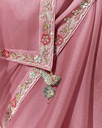 Delightful Carnation Pink Tissue Embroidered Designer Wedding Saree