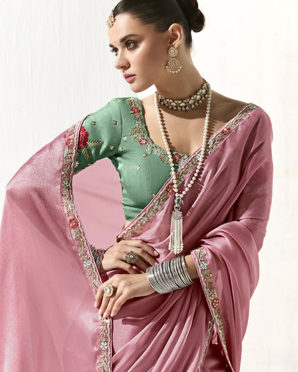 Delightful Carnation Pink Tissue Embroidered Designer Wedding Saree