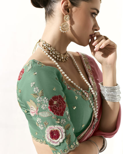 Delightful Carnation Pink Tissue Embroidered Designer Wedding Saree