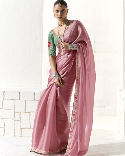 Delightful Carnation Pink Tissue Embroidered Designer Wedding Saree