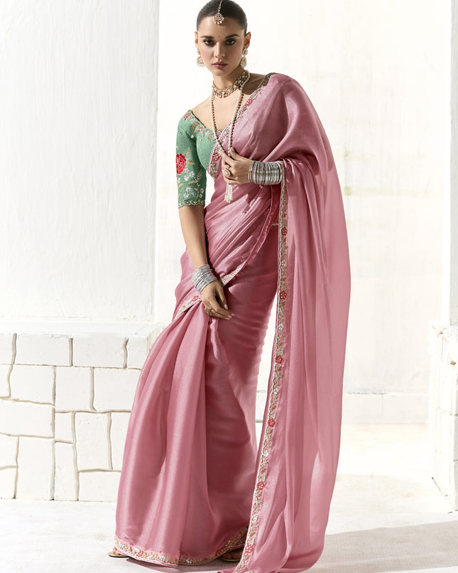 Delightful Carnation Pink Tissue Embroidered Designer Wedding Saree