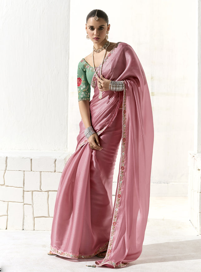 Delightful Carnation Pink Tissue Embroidered Designer Wedding Saree