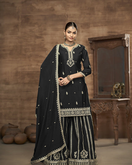black chinnon silk embroidered readymade palazzo kameez