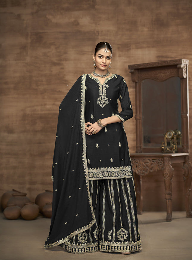 black chinnon silk embroidered readymade palazzo kameez
