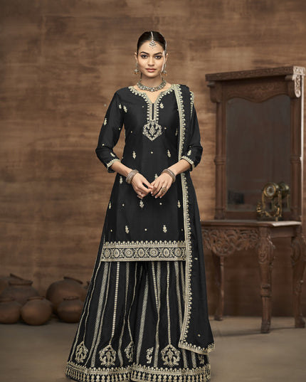 black chinnon silk embroidered readymade palazzo kameez