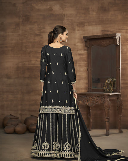 black chinnon silk embroidered readymade palazzo kameez