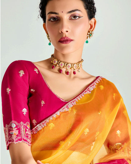 Beautiful Golden Yellow and Hot Pink Organza Tissue Embroidered Designer Wedding Saree