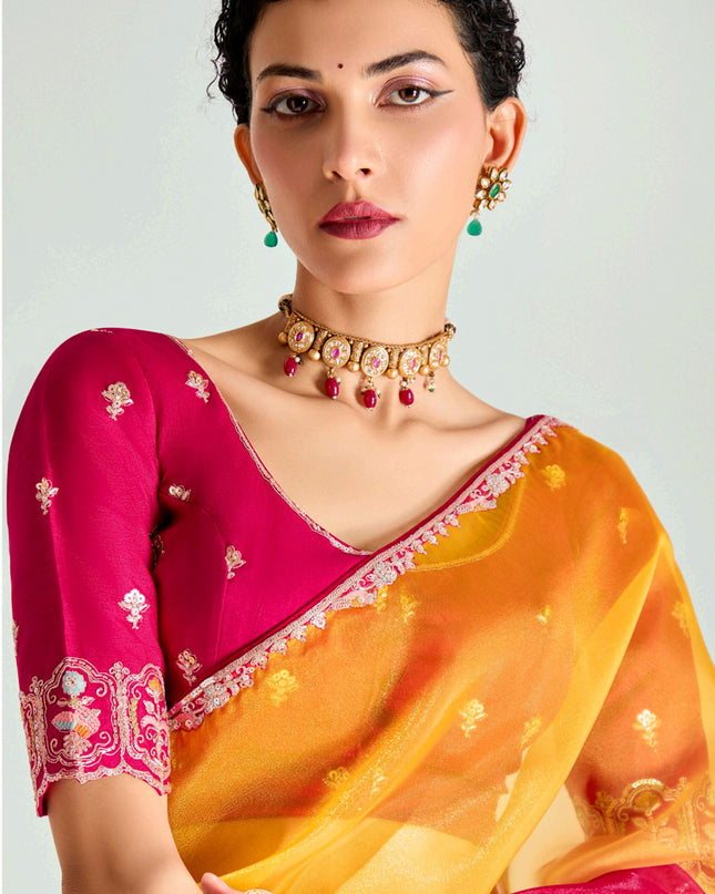 Beautiful Golden Yellow and Hot Pink Organza Tissue Embroidered Designer Wedding Saree