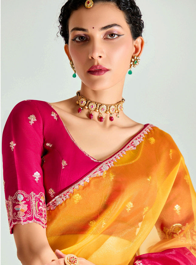 Beautiful Golden Yellow and Hot Pink Organza Tissue Embroidered Designer Wedding Saree