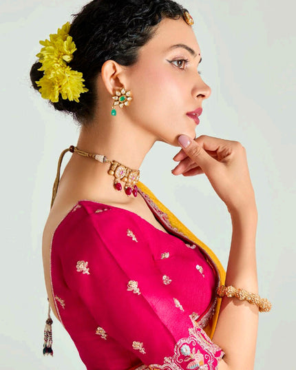 Beautiful Golden Yellow and Hot Pink Organza Tissue Embroidered Designer Wedding Saree