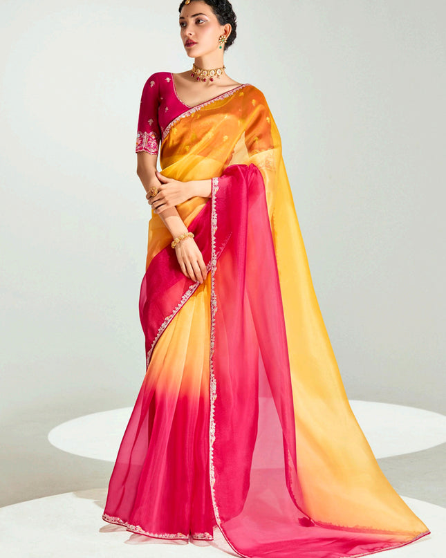 Beautiful Golden Yellow and Hot Pink Organza Tissue Embroidered Designer Wedding Saree