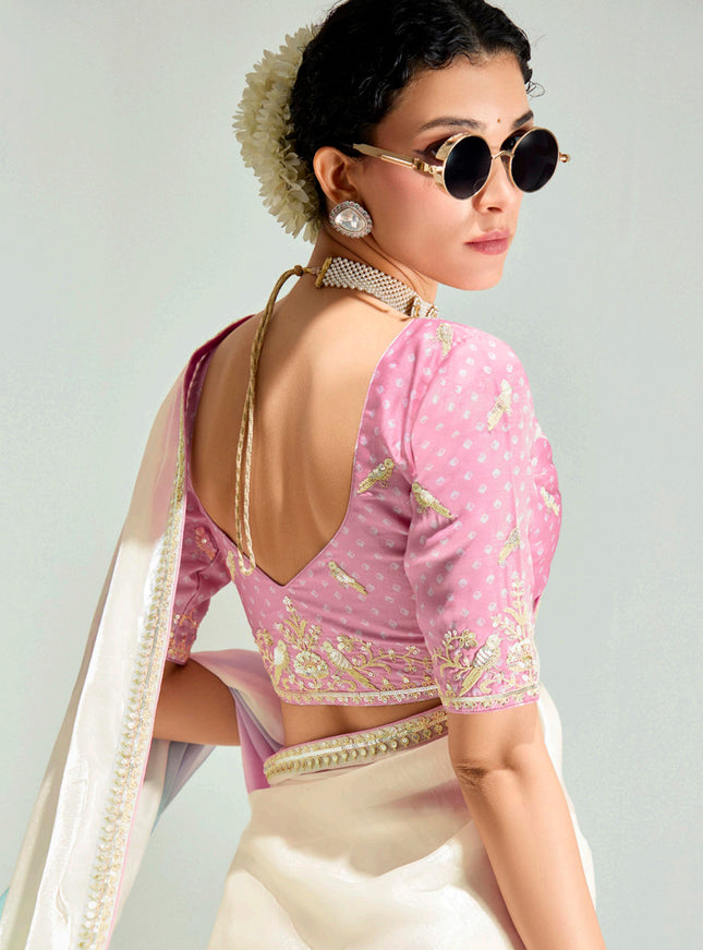 Charming Multicolor Organza Tissue Embroidered Designer Wedding Saree